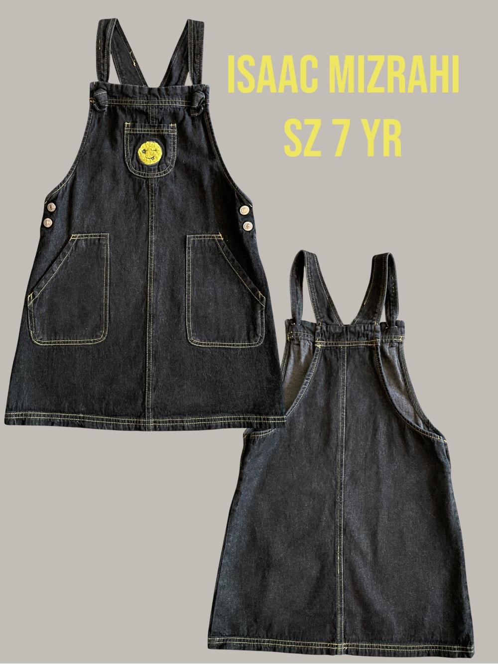 Isaac Mizrahi Black Denim Overall Pinafore with Yellow Smiley Patch